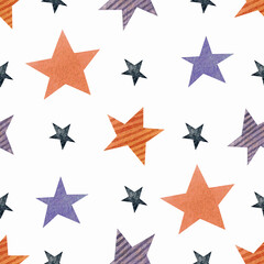 Seamless pattern with multicolored stars. Watercolor illustration. Printing on fabric. Holiday. Packing paper. Cute. Beautiful. Orange. Violet. Symbols. Graphics. Design. Happy Birthday.