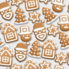 Seamless pattern with Christmas gingerbread in the form of houses, fir trees, stars, Santa Claus and snowmen