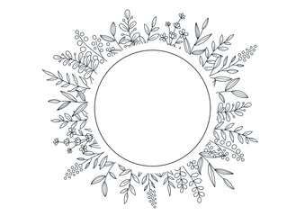 花のデザインフレーム　線画のイラスト　白の背景にネイビー