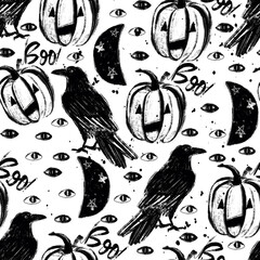 Seamless pattern on the halloween theme with scary pumpkins, crows, moon and eyes