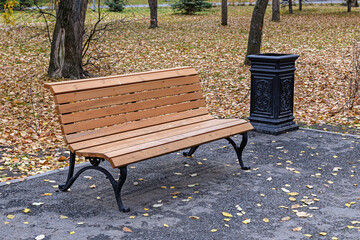 A bench for relaxing in a park alley on an autumn day