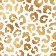 Animal seamless pattern. Leopard print. Repetition texture. Skin printed. Scattered gold spots. Repeating golden background. Scattering spot printing. Marble foil effect for design prints. Vector - obrazy, fototapety, plakaty