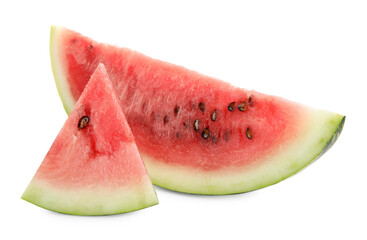 Fototapeta na wymiar Slices of delicious ripe watermelon on white background