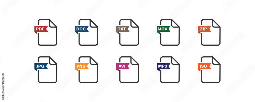Poster file extension flat icon set. collection document format. vector button
