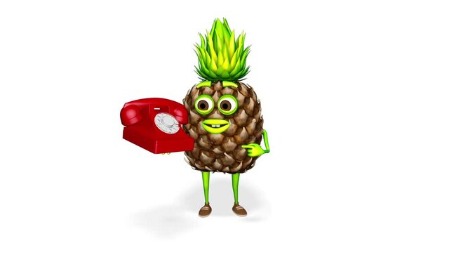 3D character Pineapple Shows Phone Loop on White Background