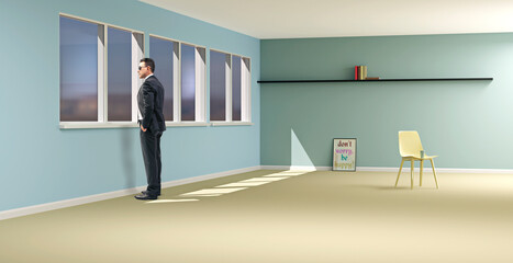 Businessman looking through window at home