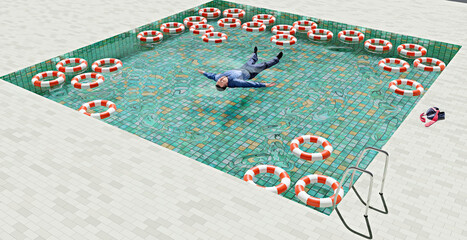 Fully clothed office worker relaxing in swimming pool filled with life belts