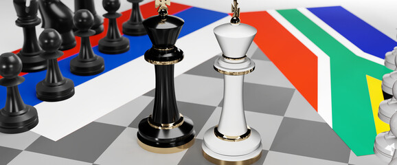 Russia and South Africa conflict, clash, crisis and debate between those two countries that aims at a trade deal and dominance symbolized by a chess game with national flags, 3d illustration