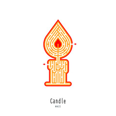 Obraz premium Abstract maze candle. Game for children and parents. Puzzle for kids. Labyrinth conundrum. Flat vector illustration isolated on white background. One Entrance, One Exit. Cartoon style.