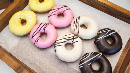 donut bakery in wooden tray