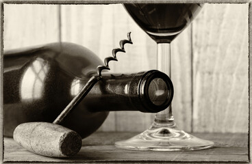 Vintage Wine Bottle Still Life with Cork Screw