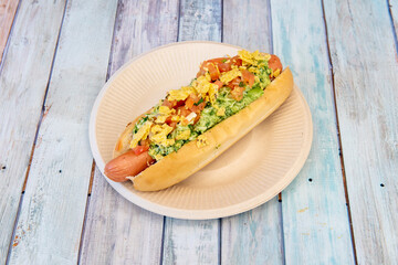 Hot dog with Venezuelan guasacaca sauce with avocado, parsley, paprika, coriander, onion, garlic