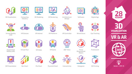 3D visualization color icon set with virtual augmented reality (VR & AR) visual technology glyph symbols: graph data, glasses, headset and helmet, computing industry, sensor, rendering and software.