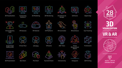 3D visualization outline color icon set in dark mode with virtual & augmented reality (VR & AR) visual technology, STEM presentation editable stroke line sign: three dimensional object, framework.