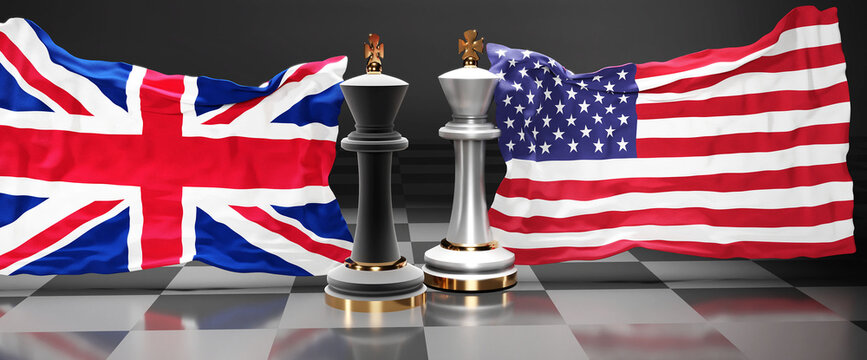 UK England USA summit, fight or a stand off between those two countries that aims at solving political issues, symbolized by a chess game with national flags, 3d illustration