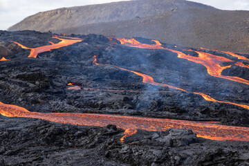 Patterns of lava from an active volcano eruption. Mount Fagradalsfjall, Iceland
