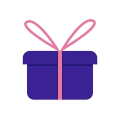 Gift box in blue colour with pink bow in flat style