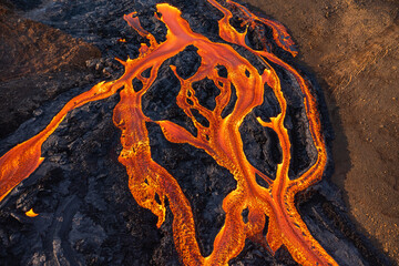Patterns of lava from an active volcano eruption. Mount Fagradalsfjall, Iceland - obrazy, fototapety, plakaty