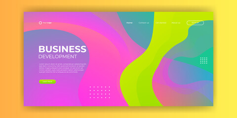 Creative landing page website web design business project development. 3D colorful abstract geometric banner layout mock up. Corporate landing page block vector illustration template.