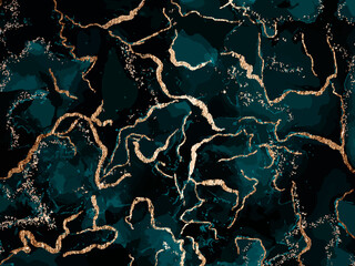 Blue marble and gold abstract background texture. Indigo, blue marbling with natural luxury style golden lines . Vector