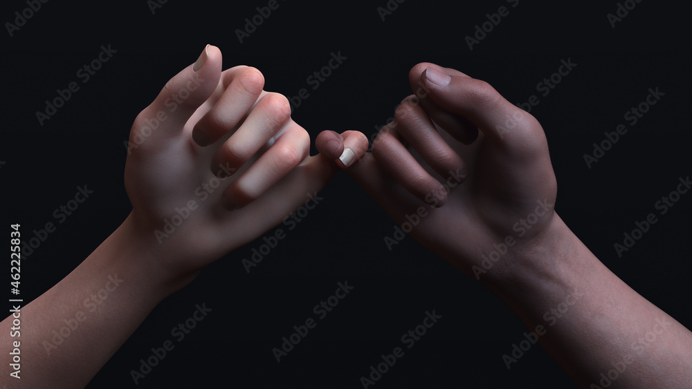 Wall mural promising gesture. a close-up of two hands twisting their pinkies in a dark space. 3d illustration.