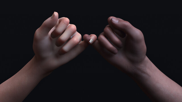 Promising gesture. A close-up of two hands twisting their pinkies in a dark space. 3D Illustration.