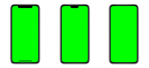 Smartphone similar to iphone 13 pro max with blank white green screen for Infographic Global...