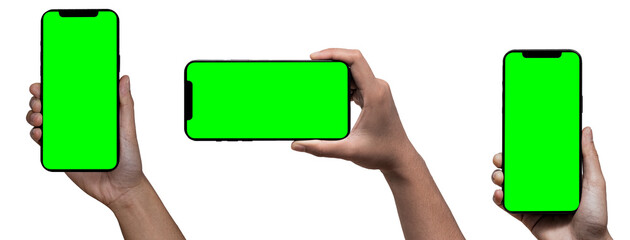 Smartphone similar to iphone 13 pro max with blank white green screen for Infographic Global...