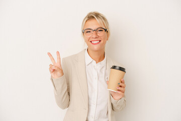 Young business Russian woman holding take away coffee isolated on white background showing number two with fingers.