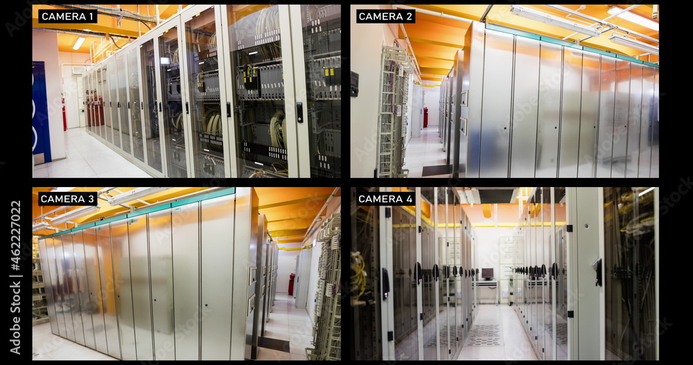 Poster composite of views from four security cameras in computer server rooms of a business