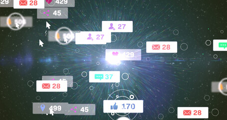 Naklejka premium Image of social media icons and numbers on white banners over stars on glowing sky