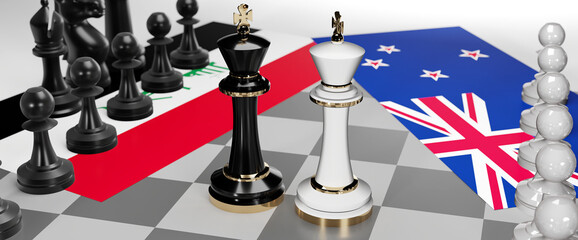 Iraq and New Zealand conflict, clash, crisis and debate between those two countries that aims at a trade deal and dominance symbolized by a chess game with national flags, 3d illustration