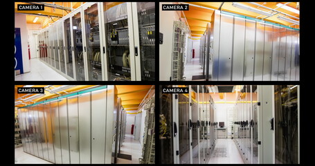 Composite of views from four security cameras in computer server rooms of a business