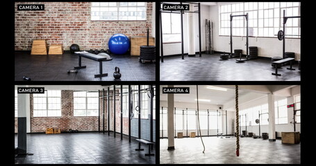 Composite of views from four security cameras in different areas at a gym
