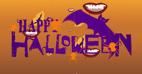 Image of happy halloween text over falling vampire lips