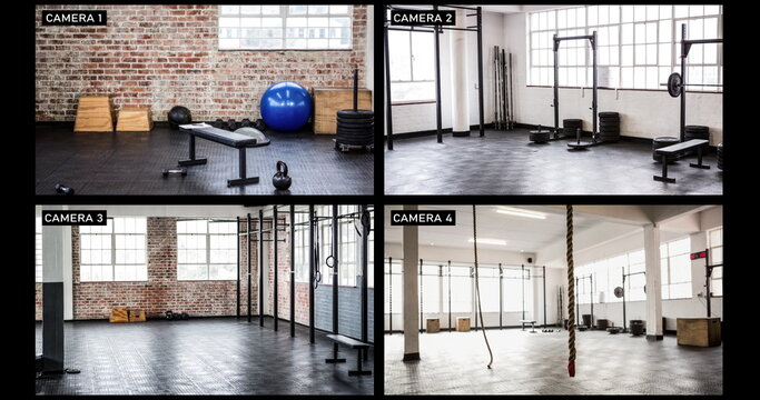 Composite of views from four security cameras in different areas at a gym - Powered by Adobe