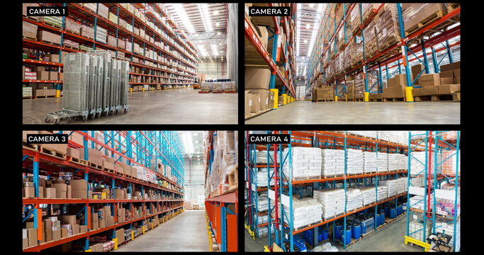 Composite of views from four security cameras in different areas at commercial warehouse