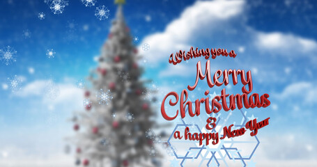 Naklejka na ściany i meble Image of merry christmas and a happy new year text over christmas tree and sky