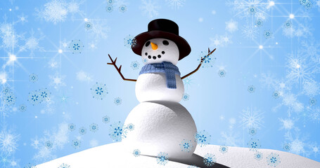 Image of falling snowflakes over snowman in winter scenery