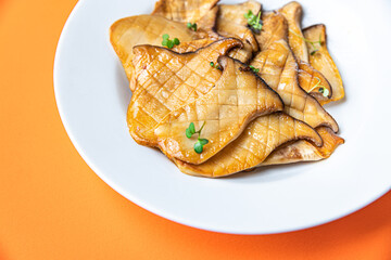 fried grill eryngii slice Oyster mushroom King mushrooms Eringi second course fresh meal snack on the table copy space food background keto or paleo diet veggie vegan or vegetarian food no meat