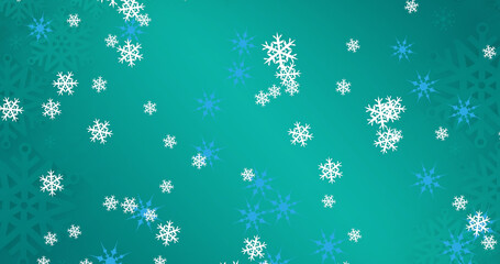 Image of falling snowflakes on blue background