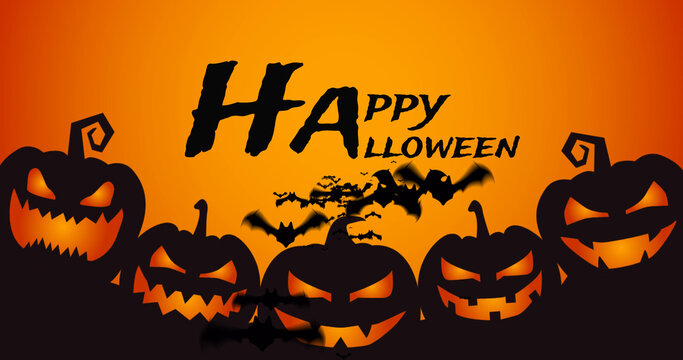 Image of halloween greetings adn bats over jack o lantern on orange background