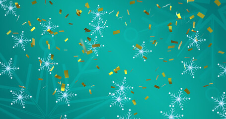 Image of falling snowflakes and confetti on blue background