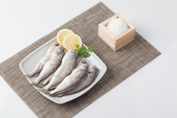 굴비,조기,날것,누끼,어류,사기그릇,사람없음,생선,소금,신선,음식,재료,조기