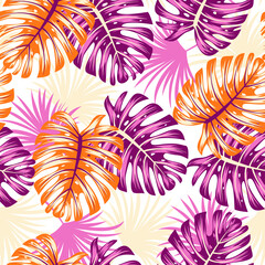 Beautiful seamless tropical pattern with bright plants and leaves on a light background. Beautiful print with hand drawn exotic plants. Colorful stylish floral.