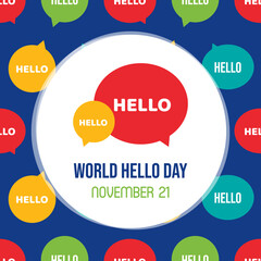 World Hello Day greeting card, illustration with colorful speech bubbles and seamless pattern background. November 21.