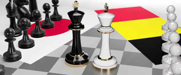 Japan and Belgium conflict, clash, crisis and debate between those two countries that aims at a trade deal and dominance symbolized by a chess game with national flags, 3d illustration