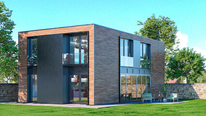 Exterior of modular modern house in the forest. 3d illustration
