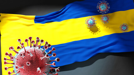 Covid in Teplice - coronavirus attacking a city flag of Teplice as a symbol of a fight and struggle with the virus pandemic in this city, 3d illustration