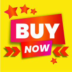 Advertising vector banner "Buy Now" with white text and red stars on red and yellow background.